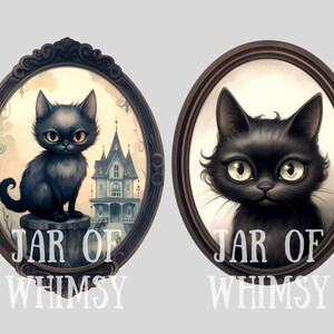 May include: Two black cats in oval frames with the text "JAR OF WHIMSY" below each. The cat on the left is sitting on a wooden post in front of a small house. The cat on the right is looking directly at the viewer.