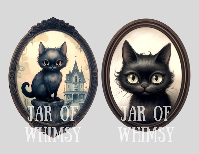 May include: Two black cats in oval frames with the text "JAR OF WHIMSY" below each. The cat on the left is sitting on a wooden post in front of a small house. The cat on the right is looking directly at the viewer.