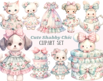 May include: A set of cute shabby chic clipart featuring a variety of characters and objects, including a dog, a cat, a bear, a bunny, a girl, a teacup, a gift box, and a hat box. The characters are all dressed in pastel colors and have bows and ribbons. The objects are decorated with flowers and lace.