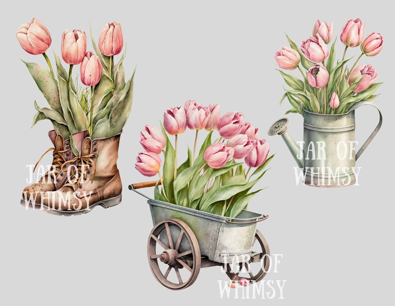 Watercolour Vintage Pink Tulip Clipart Pink Spring Flower PNG Digital Image Downloads for Card Making Scrapbook Junk Journal Paper Crafts image 9