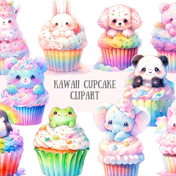 Watercolour Kawaii Cupcake Clipart Cute Rainbow Animal Cake PNG Digital Image Downloads for Card Making Scrapbook Junk Journal Paper Crafts