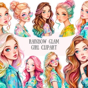 Aquarell Regenbogen Glam Girl Clipart Make-up Mode Mädchen PNG digitale Bild-Downloads für die Kartenherstellung Scrapbook Junk Journal Papierhandwerk