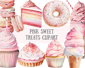 Watercolour Pink Sweet Treats Clipart - Donut Milkshake PNG Digital Image Downloads for Card Making, Scrapbook, Junk Journal, Paper Crafts