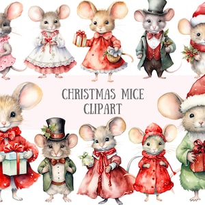 Acuarela Navidad Ratones Clipart Lindo Navidad Ratón PNG Descargas de imágenes digitales para la fabricación de tarjetas Scrapbook Junk Journal Paper Craft