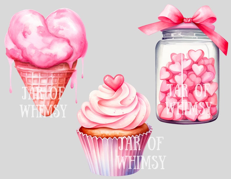 May include: A watercolor illustration of three pink and white Valentine's Day themed treats. A heart-shaped ice cream cone, a cupcake with a pink heart on top, and a glass jar filled with pink heart-shaped candies. Each item has the text "JAR OF WHIMSY" written on it.