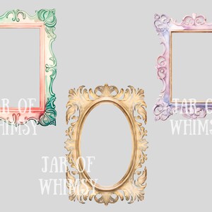 May include: Three ornate picture frames with different colored watercolor backgrounds. The frames are gold, green and pink. The text "Jar of Whimsy" is visible on each frame.