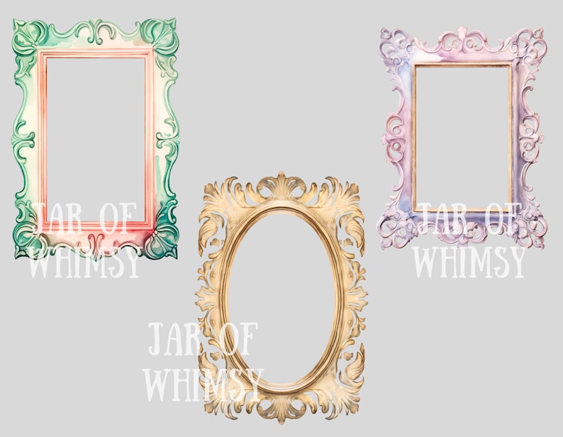 May include: Three ornate picture frames with different colored watercolor backgrounds. The frames are gold, green and pink. The text "Jar of Whimsy" is visible on each frame.