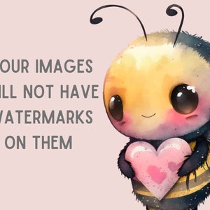 Pu&ograve; includere: Illustrazione ad acquerello di una simpatica ape che tiene in mano un cuore rosa. L'ape ha grandi occhi, un corpo giallo e nero e piccole ali. Il testo "LE TUE IMMAGINI NON AVRANNO FILIGRANE" &egrave; visualizzato in grigio.