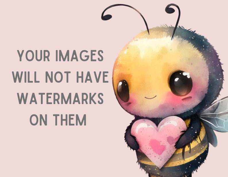 Pu&ograve; includere: Illustrazione ad acquerello di una simpatica ape che tiene in mano un cuore rosa. L'ape ha grandi occhi, un corpo giallo e nero e piccole ali. Il testo "LE TUE IMMAGINI NON AVRANNO FILIGRANE" &egrave; visualizzato in grigio.