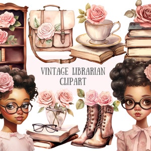 May include: Vintage librarian clipart set featuring two brown-skinned girls with glasses, a bookshelf, a satchel, a teacup and saucer, a stack of books, a vase with pink roses, and a pair of brown boots.