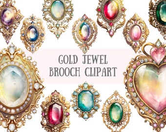 Watercolour Gold Jewel Brooch Clipart Gemstone Jewelry PNG Digital Image Downloads for Card Making Scrapbook Junk Journal Paper Crafts