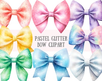 Watercolour Pastel Glitter Bow Clipart Sparkly Bow PNG Digital Image Downloads for Card Making Scrapbook Junk Journal Paper Crafts