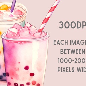 May include: Two watercolor illustrations of bubble tea drinks with colorful tapioca pearls. One drink is pink with a red and white striped straw, and the other is yellow with a purple straw.  300DPI. Each image is between 1000-2000 pixels wide.
