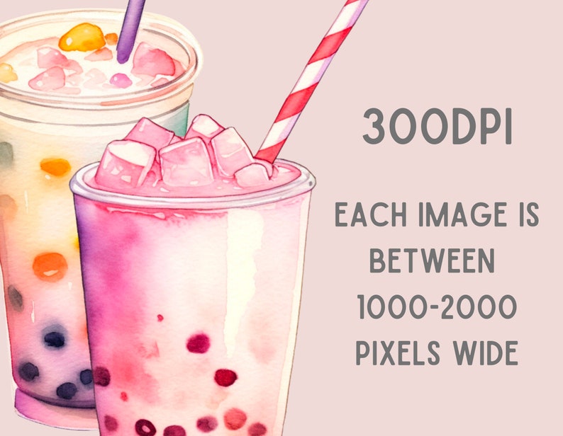 May include: Two watercolor illustrations of bubble tea drinks with colorful tapioca pearls. One drink is pink with a red and white striped straw, and the other is yellow with a purple straw.  300DPI. Each image is between 1000-2000 pixels wide.