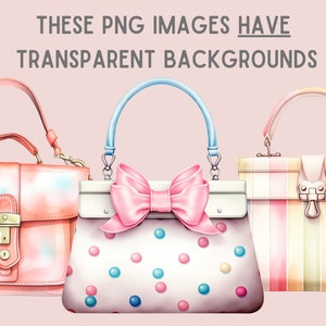 May include: Three different styles of handbags. The first is a pink leather handbag with a gold clasp. The second is a white handbag with a pink bow and a polka dot pattern. The third is a striped handbag with a pink, white, and yellow pattern.