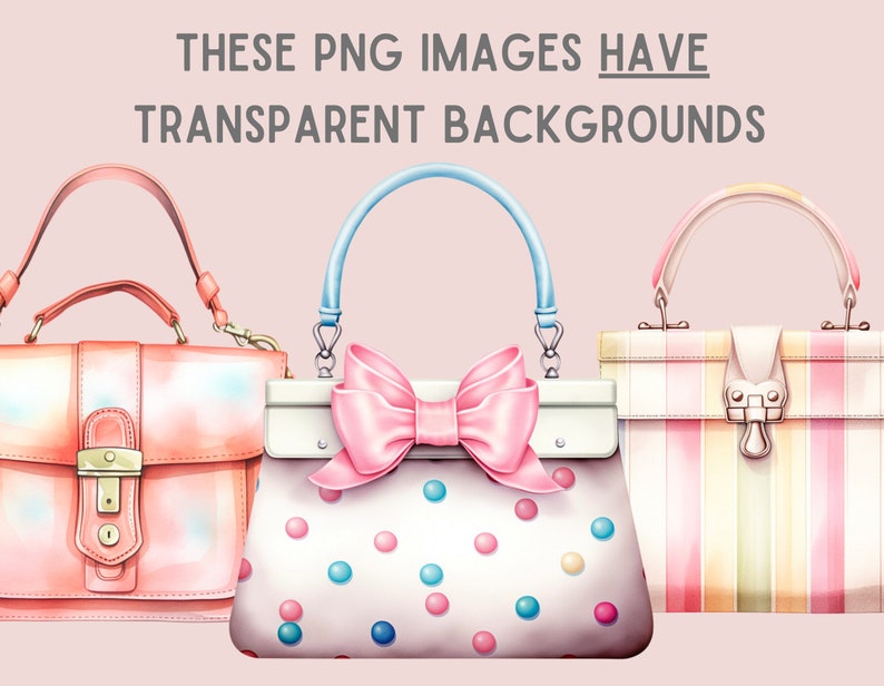 May include: Three different styles of handbags. The first is a pink leather handbag with a gold clasp. The second is a white handbag with a pink bow and a polka dot pattern. The third is a striped handbag with a pink, white, and yellow pattern.