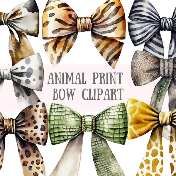 Watercolour Animal Print Bows Clipart - Leopard Tiger Bow PNG Digital Image Downloads for Card Making, Scrapbook, Junk Journal, Paper Crafts
