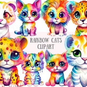 Aquarelle lumineux chats arc-en-ciel Clipart Kawaii léopard PNG Image numérique à télécharger pour la fabrication de cartes Scrapbook Junk Journal travaux manuels en papier