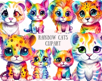 Watercolour Bright Rainbow Cats Clipart Kawaii Leopard PNG Digital Image Downloads for Card Making Scrapbook Junk Journal Paper Crafts