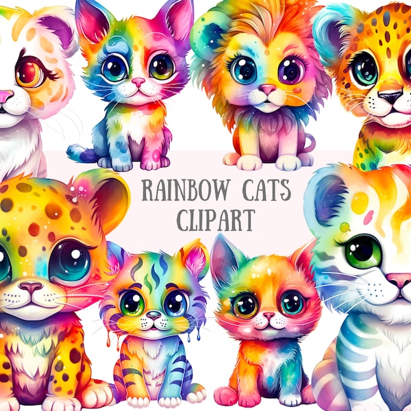 Watercolour Bright Rainbow Cats Clipart Kawaii Leopard PNG Digital Image Downloads for Card Making Scrapbook Junk Journal Paper Crafts