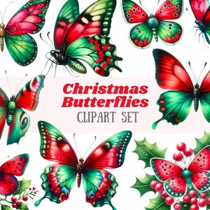 Aquarelle de Noël papillon Clipart papillon rouge et vert PNG Image numérique à télécharger pour la fabrication de cartes Scrapbook Junk Journal artisanat en papier