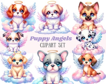 水彩の子犬の天使のクリップアート 天国のかわいい犬 PNG デジタル画像