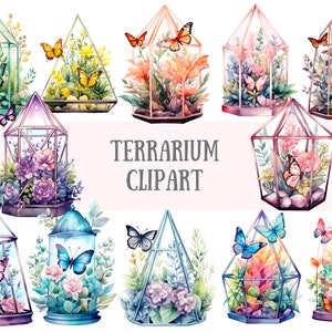 Aquarell Terrarium Clipart niedliche Schmetterlinge und Pflanzen PNG digitale Bild-Downloads für die Kartenherstellung Scrapbook Junk Journal Papierhandwerk