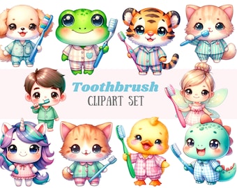 May include: A set of 10 colorful cartoon animal illustrations holding toothbrushes. The animals include a unicorn, a frog, a cat, a tiger, a duck, a dog, a fairy, a boy, a cat, and a dinosaur. The illustrations are perfect for creating fun and engaging educational materials for children.