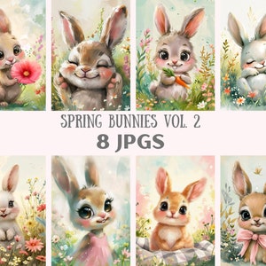 Aquarelle printemps lapins Clipart lapin de Pâques lapin téléchargements d'images numériques JPG pour la fabrication de cartes scrapbooking journal indésirable artisanat en papier