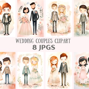 水彩画の結婚式のカップルのクリップアート記念日バレンタインデー JPG デジタル画像のダウンロード カード作成 スクラップブック ジャンクジャーナル ペーパークラフト