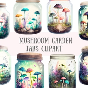 Clipart de pots de jardin de champignons aquarelle - téléchargements d'images numériques PNG fantastique pour la fabrication de cartes, scrapbooking, journal indésirable, travaux manuels en papier