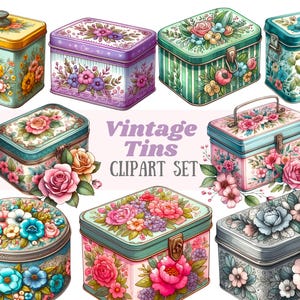 Aquarel vintage blikken clipart bloemen naaien blik koekje blikje PNG digitale beelddownloads voor kaarten maken plakboek ongewenste dagboek papier ambacht