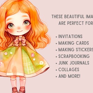 Akvarell Kawaii Spring Girl Clipart Söt Chibi Anime Girl PNG Digitala Bildnedladdningar för Korttillverkning Scrapbook Junk Journal Papperspyssel bild 6