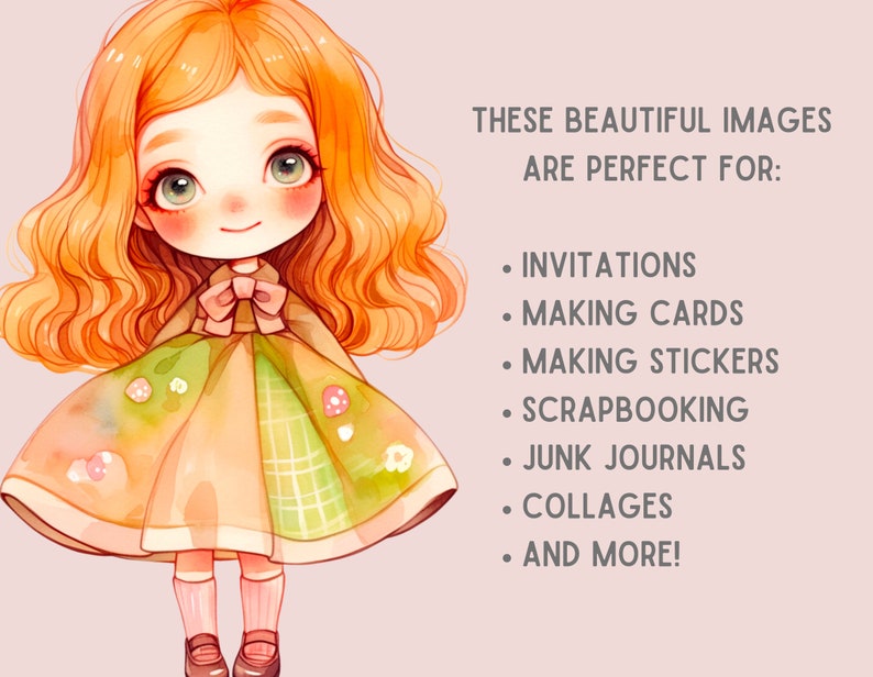 Akvarell Kawaii Spring Girl Clipart Söt Chibi Anime Girl PNG Digitala Bildnedladdningar för Korttillverkning Scrapbook Junk Journal Papperspyssel bild 6