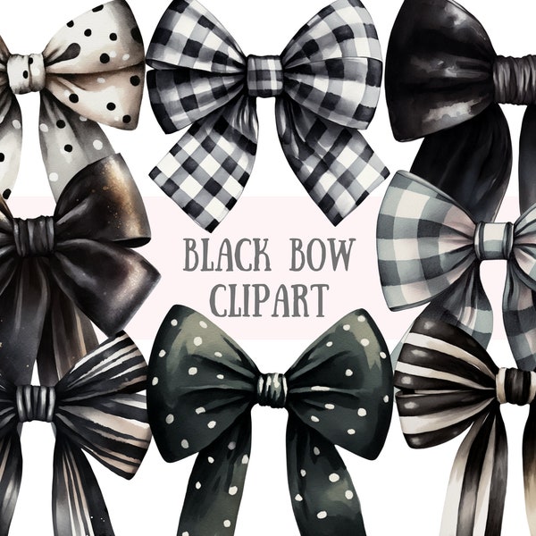 Watercolour Black Bows Clipart - Black Gingham Bowtie PNG Digital Image Downloads for Card Making, Scrapbook, Junk Journal, Paper Crafts