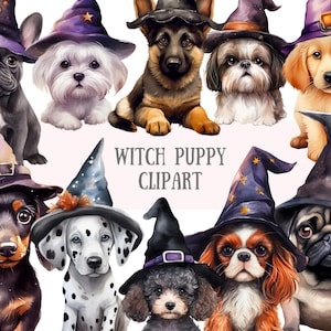 Watercolour Witch Puppy Clipart Halloween Puppies PNG Digital Image Downloads for Card Making Scrapbook Junk Journal Paper Crafts