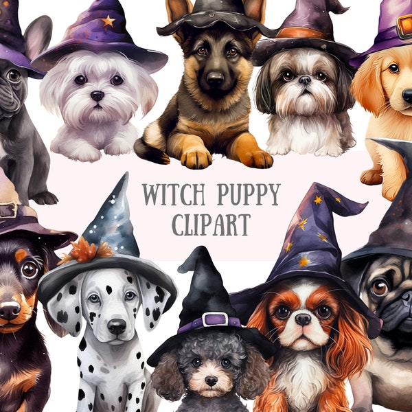 Watercolour Witch Puppy Clipart Halloween Puppies PNG Digital Image Downloads for Card Making Scrapbook Junk Journal Paper Crafts