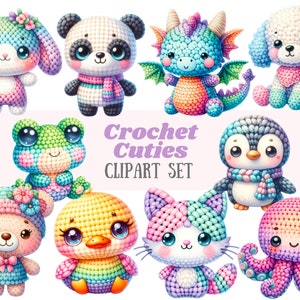 Aquarela Crochet Animal Clipart Cute Amigurumi Crochet Yarn PNG Download de imagem digital para fazer cartões Scrapbook Junk Journal Paper Craft
