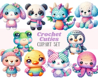 Acuarela Crochet Animal Clipart Lindo Amigurumi Crochet Yarn PNG Descarga de imagen digital para hacer tarjetas Scrapbook Junk Journal Paper Craft