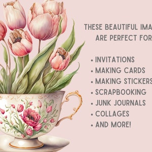 Watercolour Vintage Pink Tulip Clipart Pink Spring Flower PNG Digital Image Downloads for Card Making Scrapbook Junk Journal Paper Crafts image 5