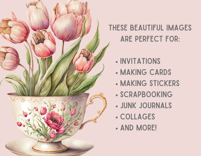 Watercolour Vintage Pink Tulip Clipart Pink Spring Flower PNG Digital Image Downloads for Card Making Scrapbook Junk Journal Paper Crafts image 5