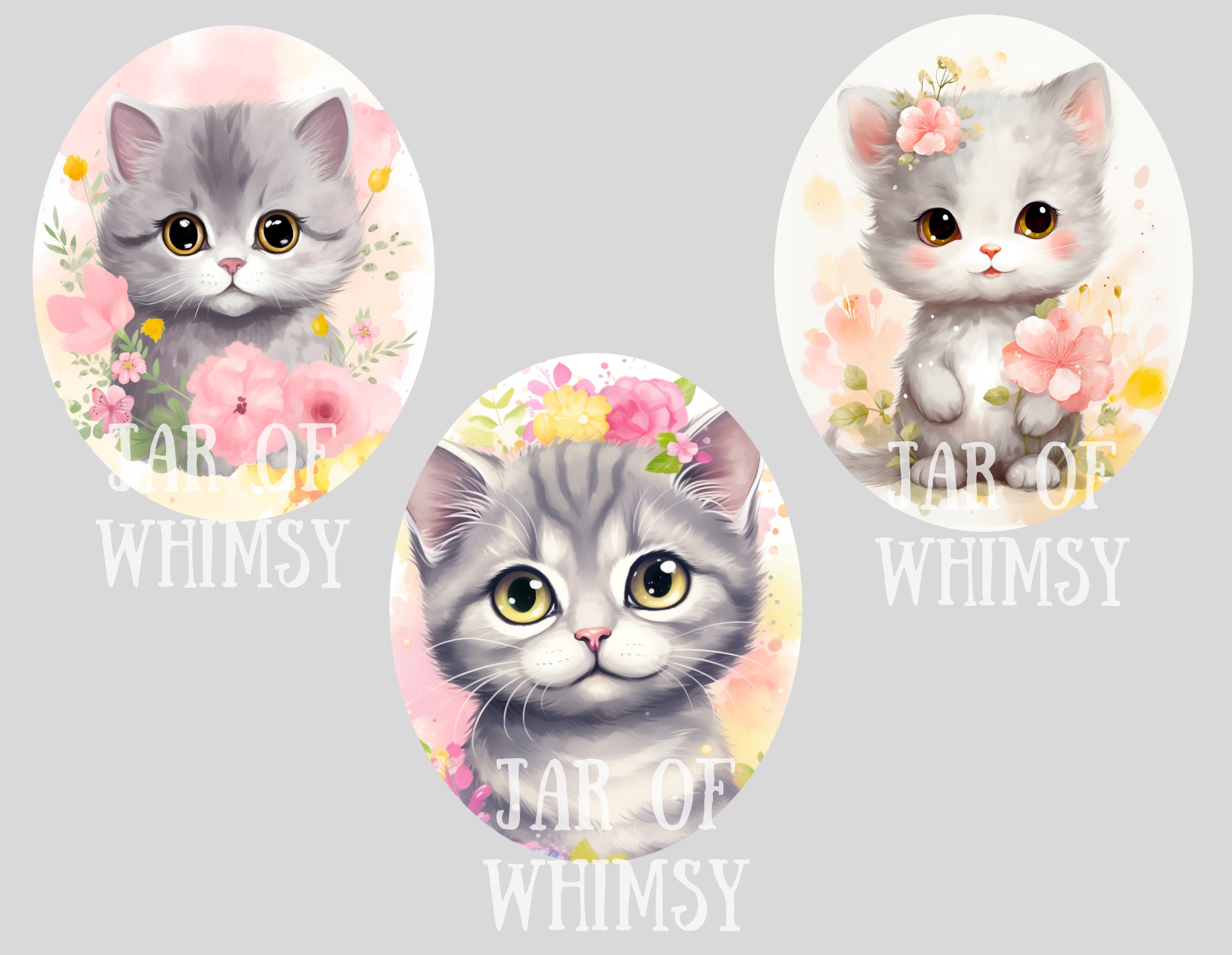 Watercolour Grey Spring Kitten Clipart Cute Floral Cat PNG Digital ...