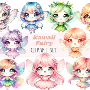 Acquerello Kawaii Fata Clipart Cute Fata Pixie Elfo Sprites PNG Immagine digitale Scarica per la creazione di carte Scrapbook Junk Journal Paper Craft