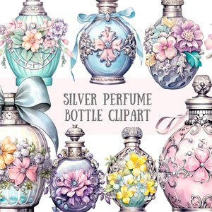 Watercolour Vintage Silver Perfume Bottle Clipart Antique Perfume PNG Digital Image Downloads for Card Making Scrapbook Junk Journal Crafts