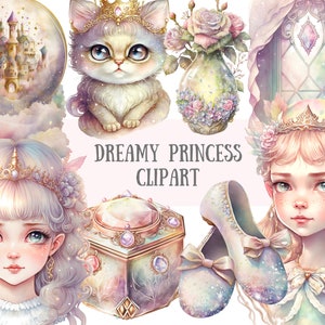 Watercolour Dreamy Princess Clipart Pastel Fantasy PNG Digital Image Downloads for Card Making, Scrapbook, Junk Journal, Paper Crafts