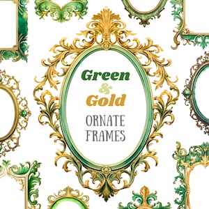 Aquarell Gold und Grün verzierten Rahmen Clipart Barock Rahmen PNG Digitalbild Download für Kartenherstellung Scrapbook Junk Journal Papierhandwerk