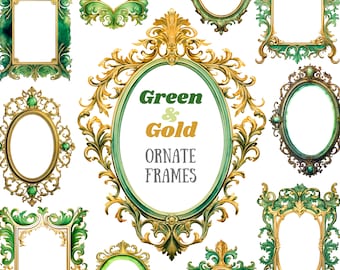 Aquarel goud en groen sierlijke lijst clipart barok lijst PNG digitale afbeelding downloaden voor kaarten maken plakboek ongewenste dagboek papier ambachten