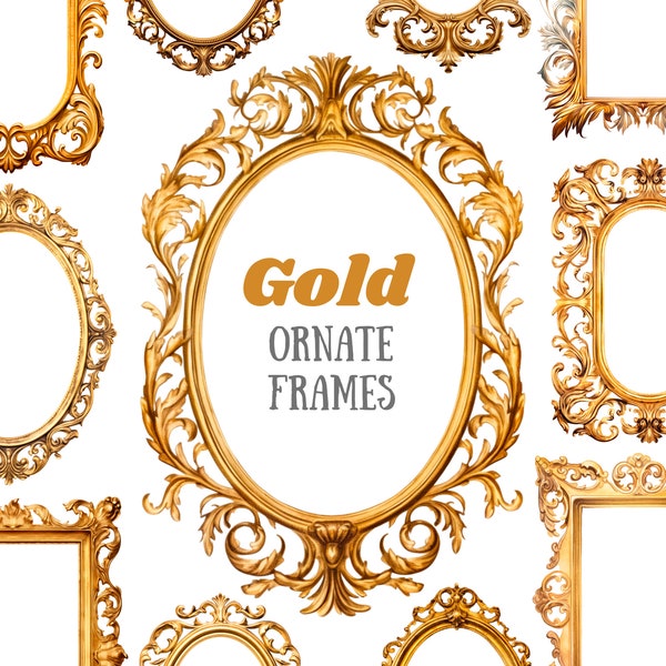 Watercolour Gold Ornate Frame Clipart Baroque Frames PNG Digital Image Downloads for Card Making Scrapbooking Junk Journal Paper Crafts