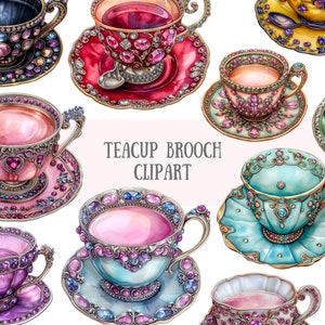 Acquerello tazza da tè spilla Clipart pietre preziose gioielli PNG download di immagini digitali per la creazione di cartoline scrapbook spazzatura giornale mestieri di carta