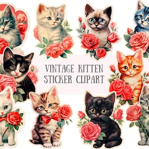 Aquarelle vintage chaton autocollant Clipart chat rétro PNG Image numérique à télécharger pour la fabrication de cartes Scrapbook Junk Journal travaux manuels en papier
